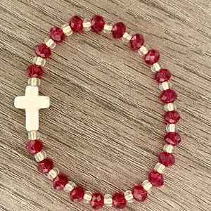 Cross Bracelet Handmade beaded stretch w/ glass fashion beads & stone cross